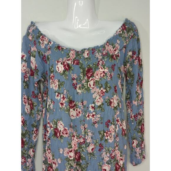 No Comment Blue Floral Mini Dress Smocked Shoulder Bell Sleeve Size L - Picture 5 of 8